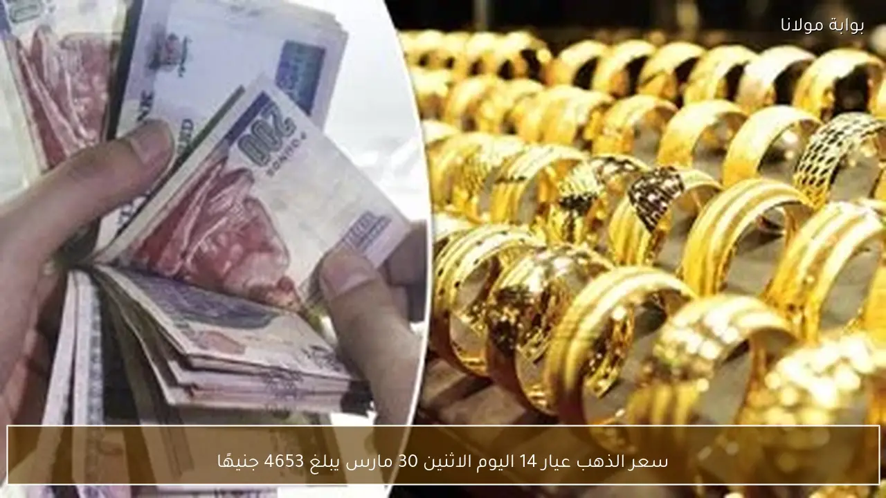 سعر الذهب عيار 14 اليوم الاثنين 30 مارس يبلغ 4653 جنيهًا